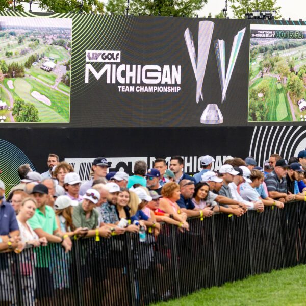 A general view of the gallery seen around the jumbotron on the first hole before the start of the semifinals of LIV Golf Team Championship