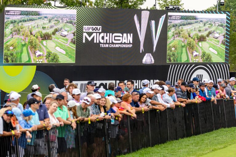 A general view of the gallery seen around the jumbotron on the first hole before the start of the semifinals of LIV Golf Team Championship