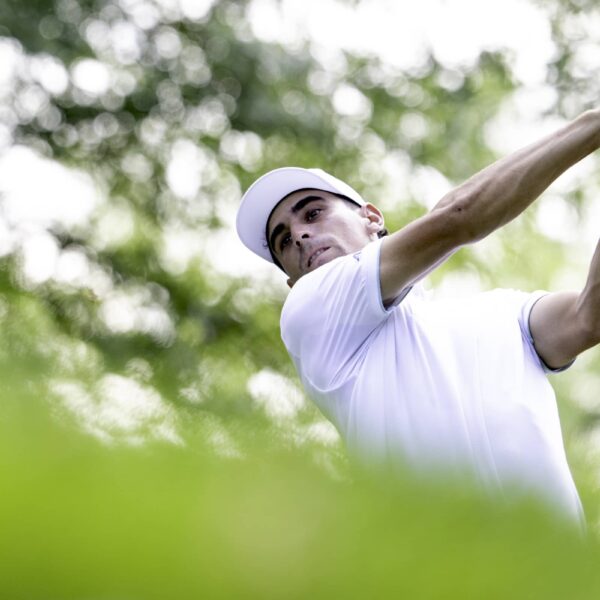 Captain Joaquín Niemann of Torque GC hits his shot from the second tee during the first round of LIV Golf Indianapolis