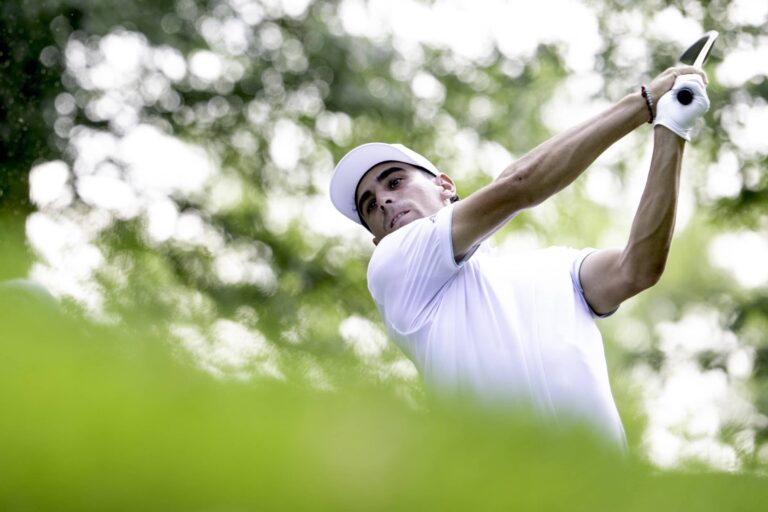 Captain Joaquín Niemann of Torque GC hits his shot from the second tee during the first round of LIV Golf Indianapolis