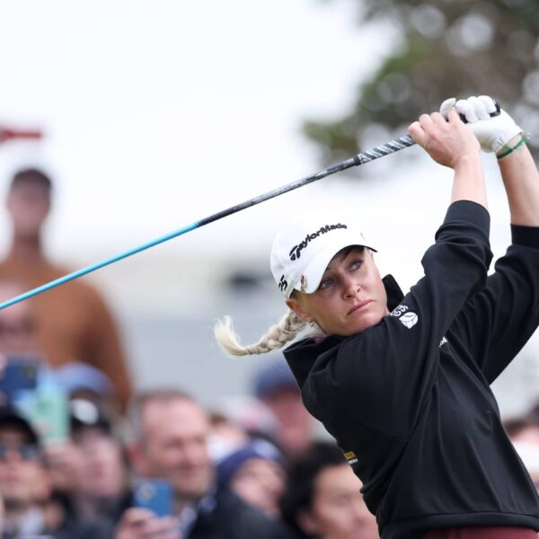Charley Hull of England tees off on the first hole during the final round of the AIG Women's Open 2025 at Royal Porthcawl Golf Club