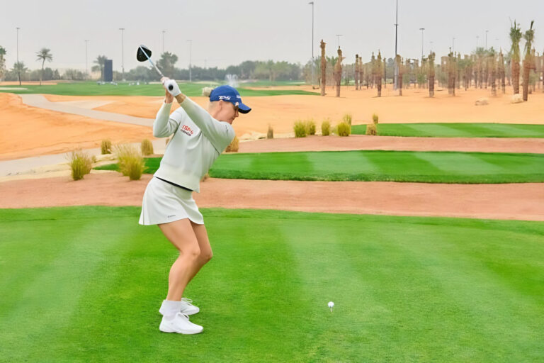 Golf Saudi ambassador, Charley Hull teeing off at the first PIF Global Series event of 2025, the Saudi Ladies International at Riyadh Golf Club