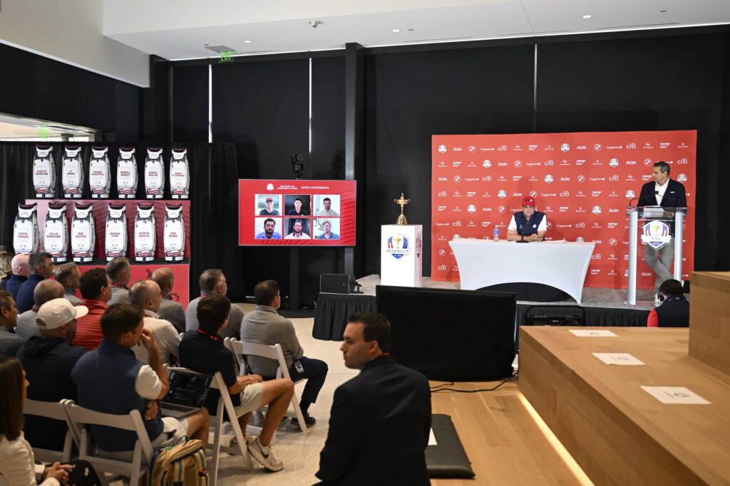 Keegan Bradley and Julius Mason with Justin Thomas, Collin Morikawa, Ben Griffin, Cameron Young, Patrick Cantlay, and Sam Burns via video
