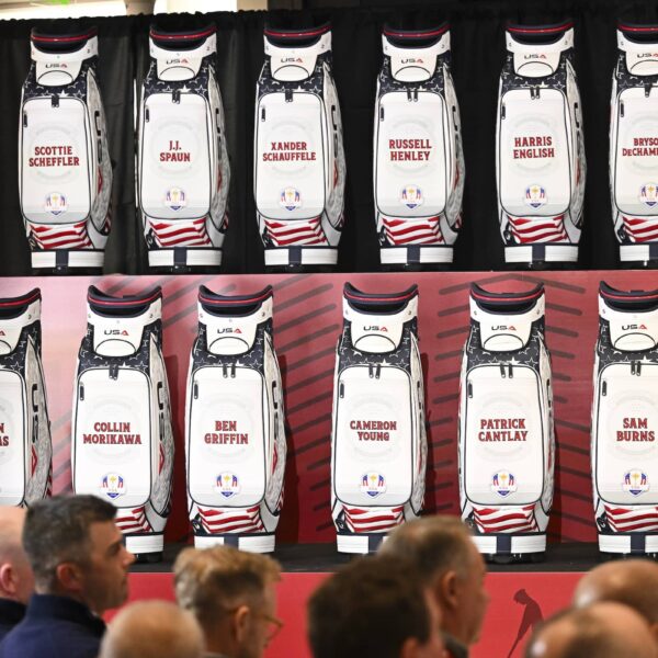 The golf bags of the U.S Ryder Cup team during the Ryder Cup Captain's Pick Announcement
