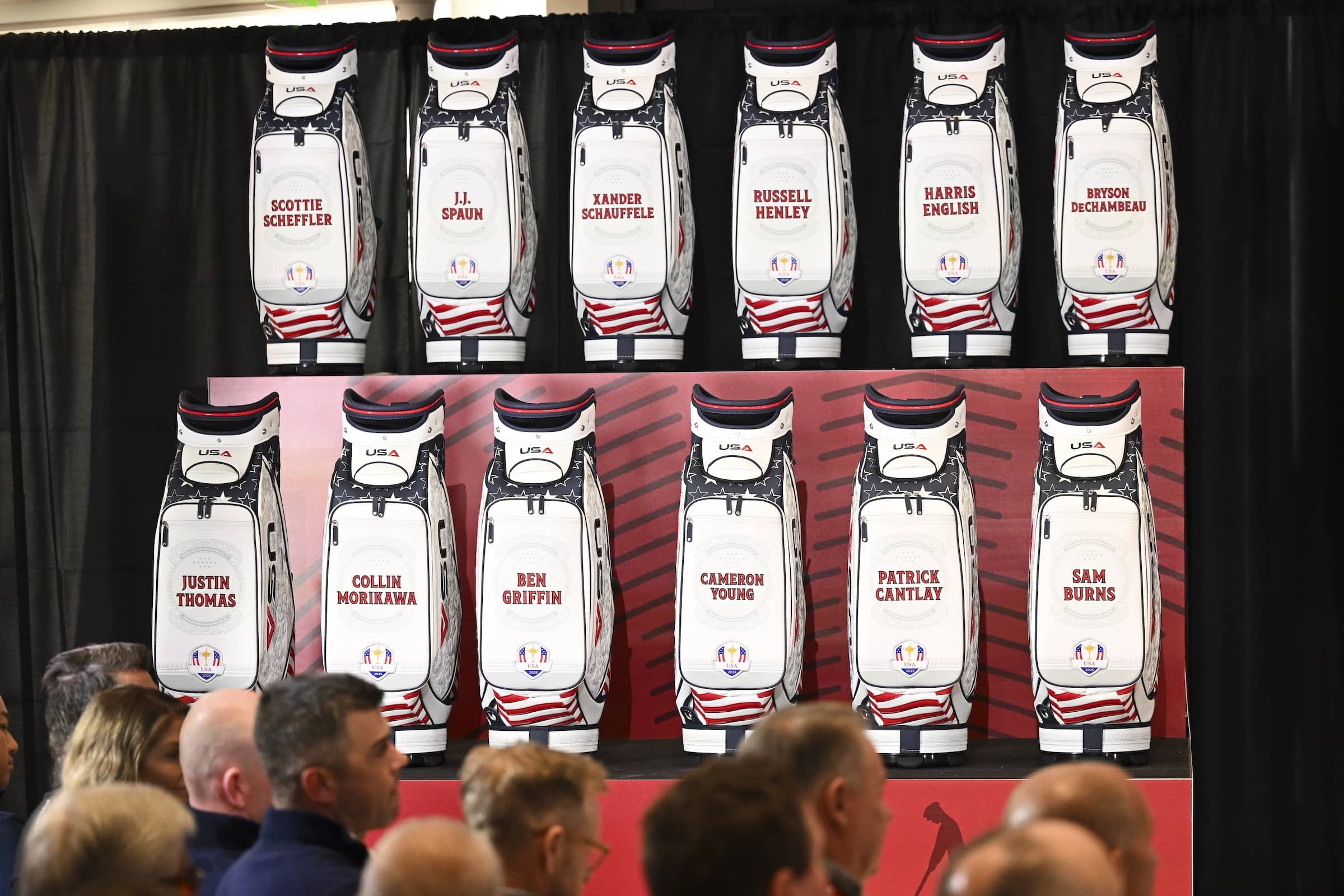 The golf bags of the U.S Ryder Cup team during the Ryder Cup Captain's Pick Announcement