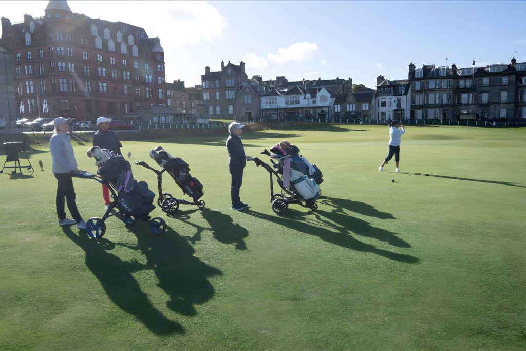 A group tee off on the 1st of the Old Course in Saturday’s Town Match in St Andrews.