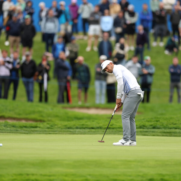 Adrien Saddier of France putts on the 18th green on day three of the Amgen Irish Open 2025
