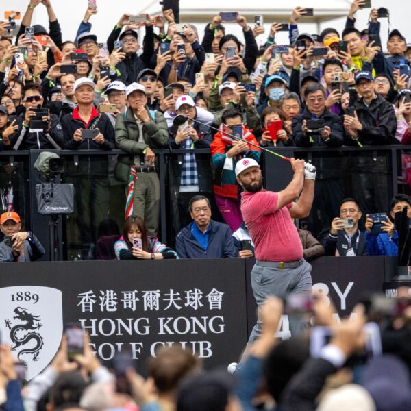 Captain Jon Rahm of Legion XIII GC hits his shot from the first tee during the final round of LIV Golf Hong Kong