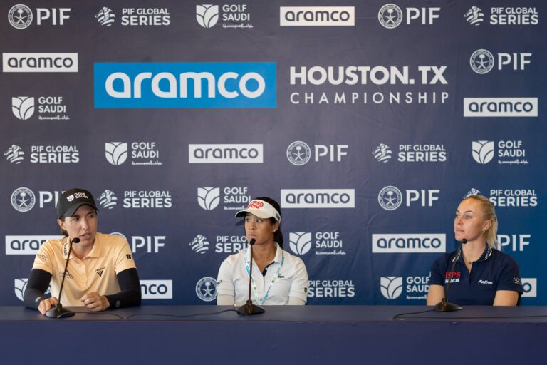 Carlota Ciganda, Celine Boutier and Charley Hull pictured at the pre-tournament press conference at the Aramco Houston Championship