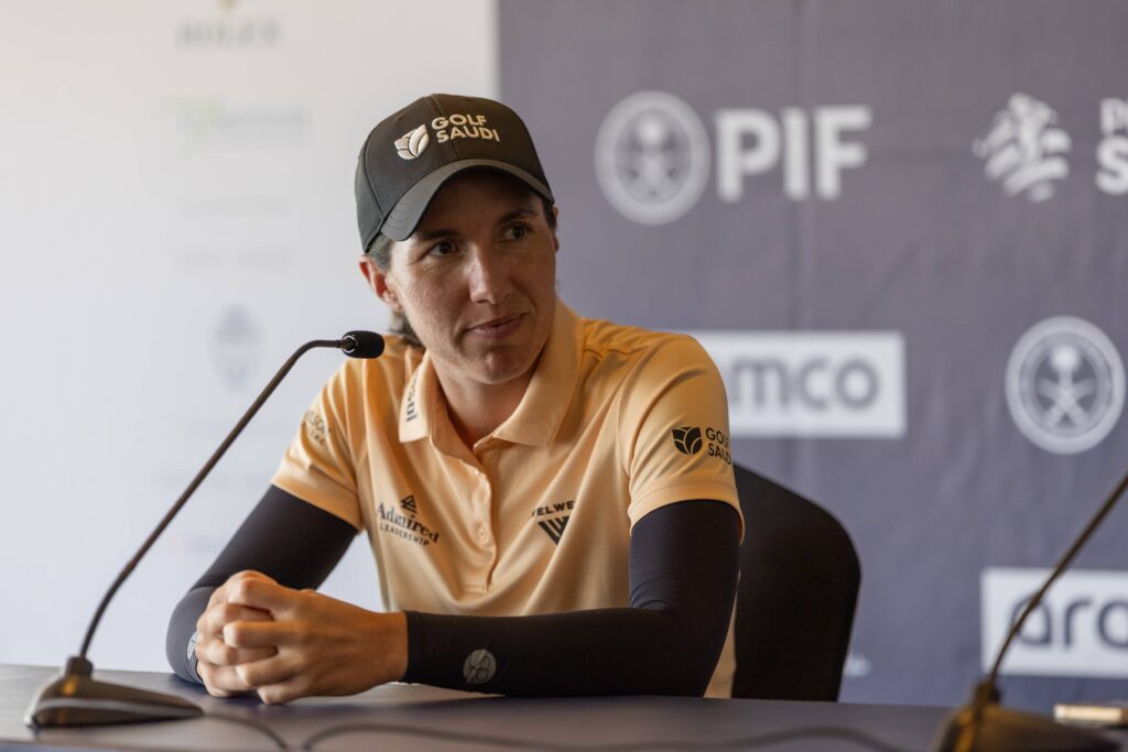 Carlota Ciganda pictured at the pre-tournament press conference at the Aramco Houston Championship