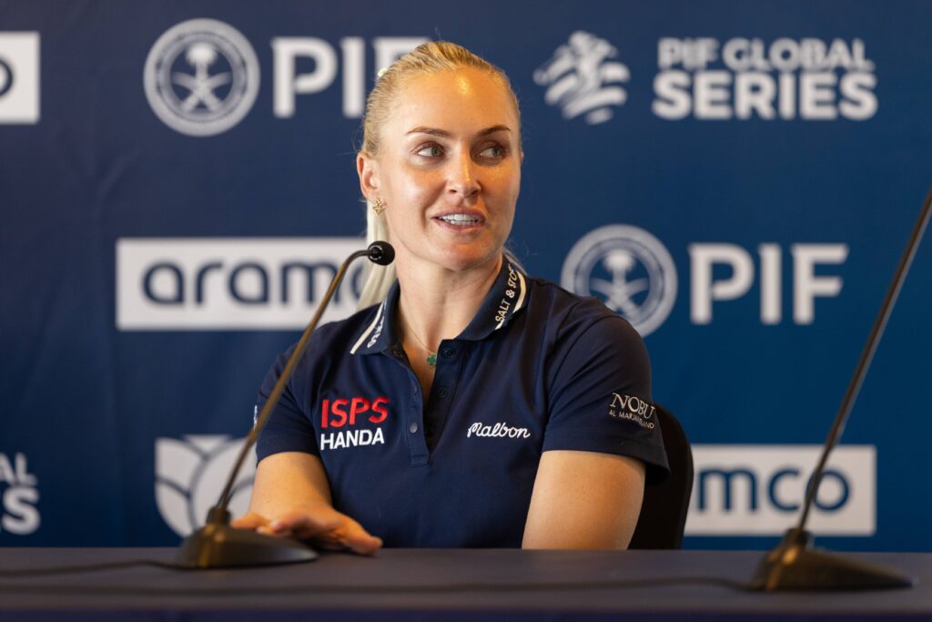 Charley Hull pictured at the pre-tournament press conference at the Aramco Houston Championship