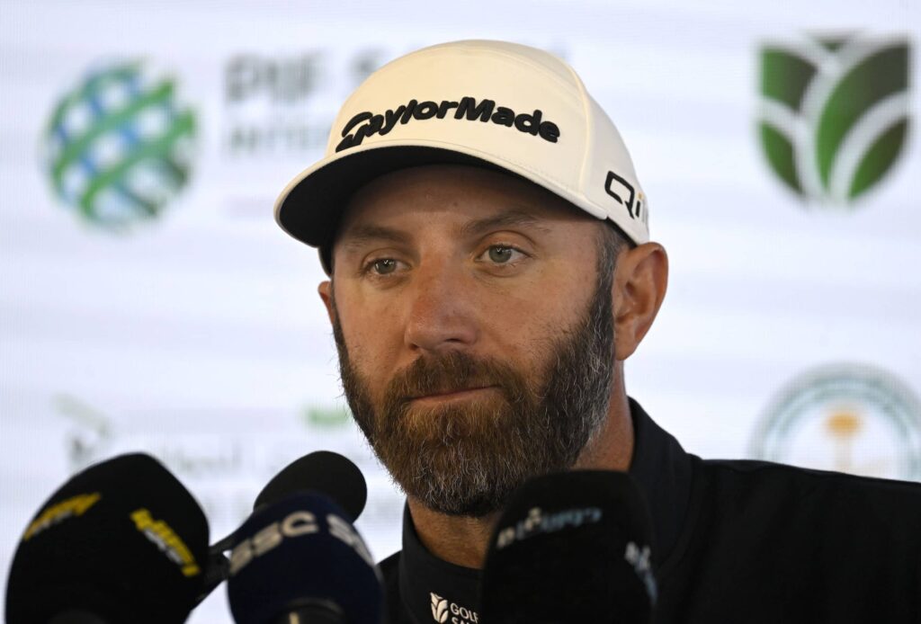Dustin Johnson of the USA pictured during a press conference ahead of the PIF Saudi International powered by SoftBank Investment Advisers at the Riyadh Golf Club,