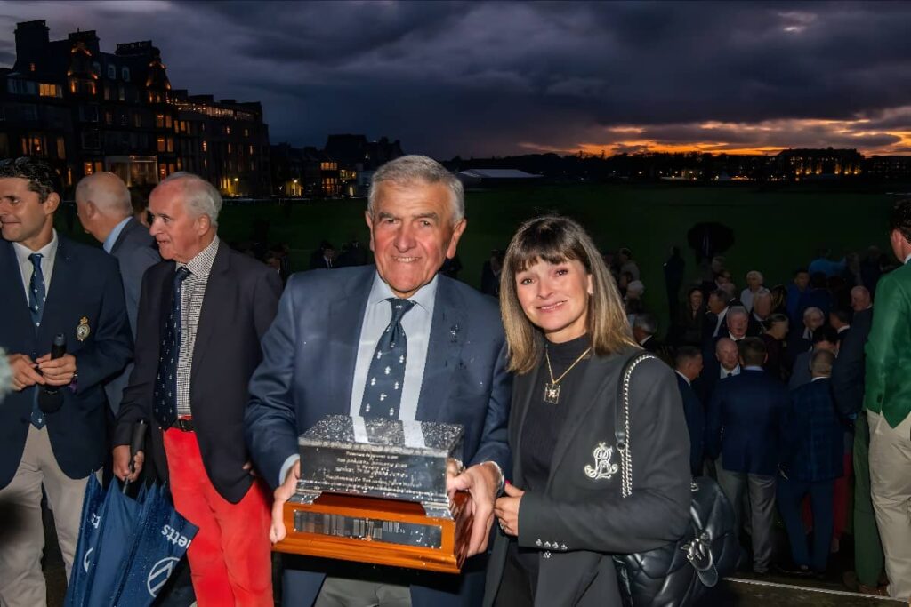 Ian Pattinson, Captain of The Royal and Ancient Golf Club of St Andrews, is presented with the Bobby Jones Casket by Susan Bor, Captain of St Regulus Ladies Golf Club, at Saturday’s Town Match in St Andrews.