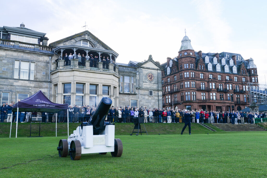 His Honour Judge Dennis Watson KC drives in as the new Captain of The Royal and Ancient Golf Club of St Andrews.