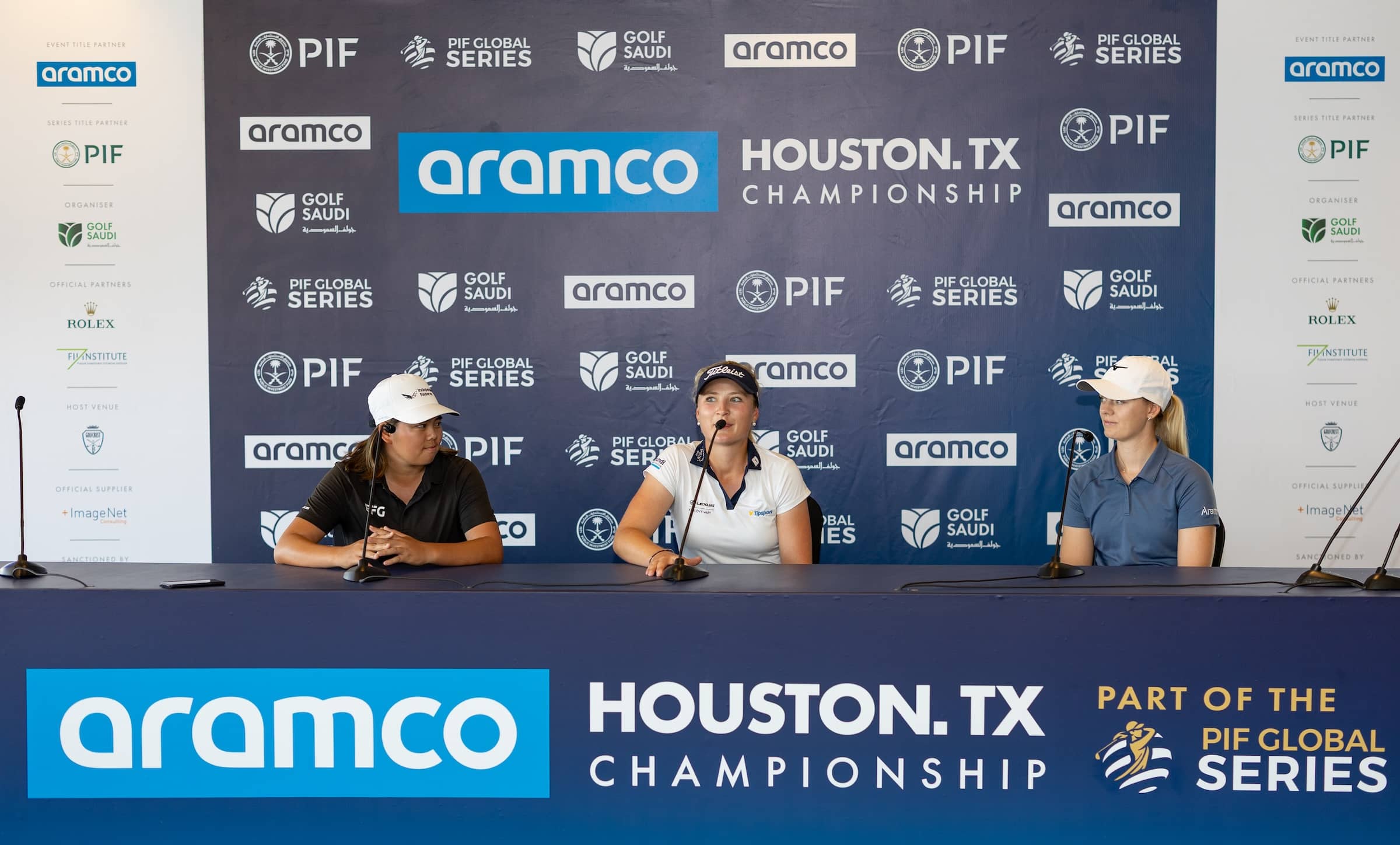 Shannon Tan, Sara Kouskova and Hannah Screen pictured at the pre-tournament press conference at the Aramco Houston Championship