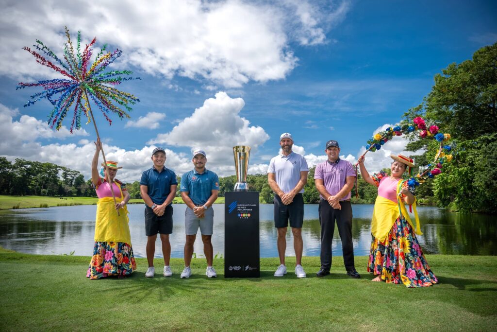Players with the coveted trophy [L-R] Sean Ramos of the Philippines, Miguel Tabuena of the Philippines, Dustin Johnson of the USA, Patrick Reed of the USA, pictured during the photocall ahead of International Series Philippines presented by BingoPlus at Sta Elena Golf Club.