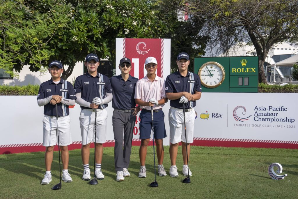 Song Joong-ki followed the players from the Republic of Korea during their practice round on the Majlis Course at Emirates Golf Club. (L-R): Seunggu Kang, Seonghyeon An, Song Joong-ki, Siwoo Park and Minsu Kim.
