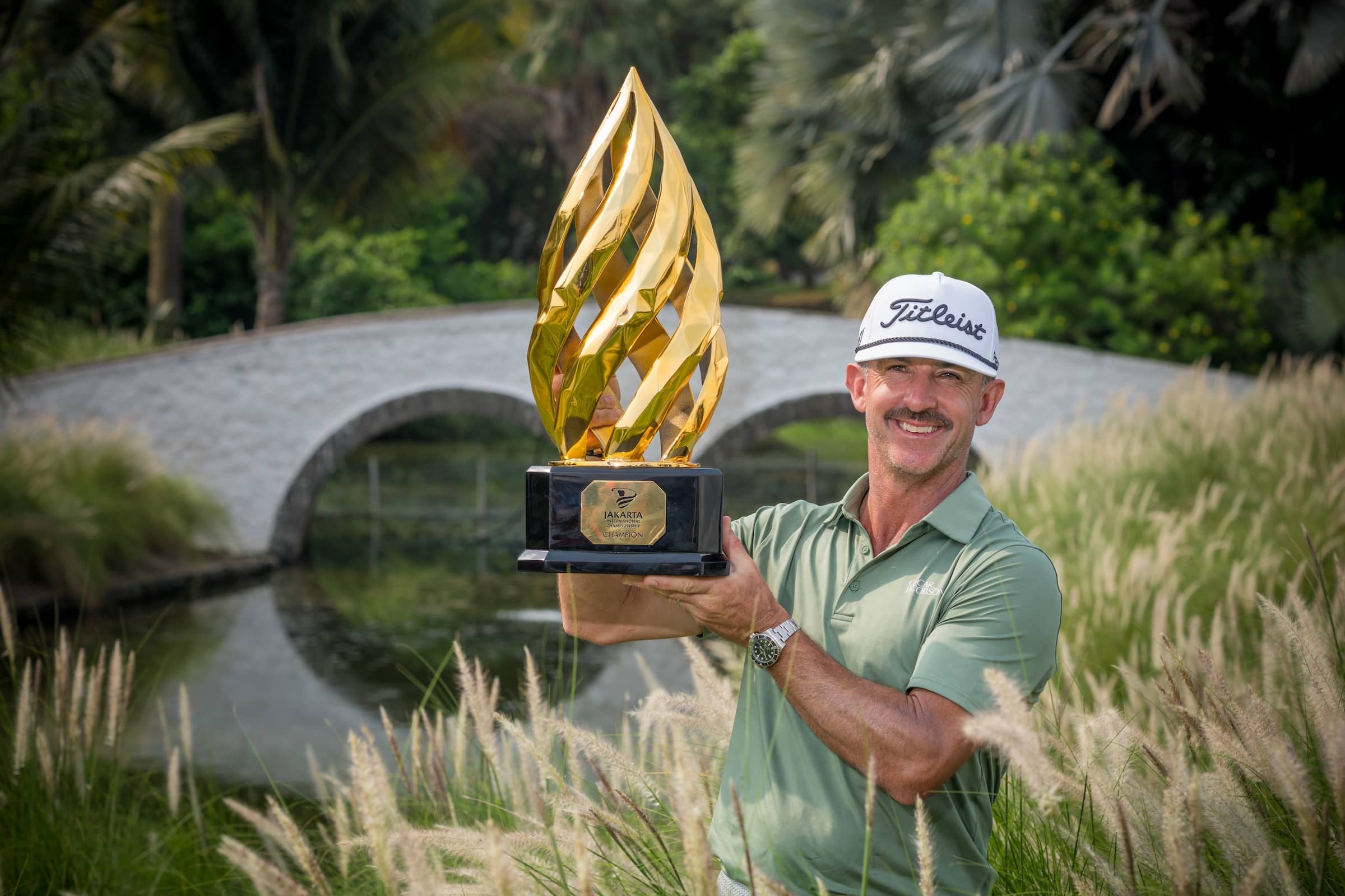 Wade Ormsby of Australia pictured during the trophy presentation for the 2025 Jakarta International Championship at Damai Indah Golf (PIK Course).