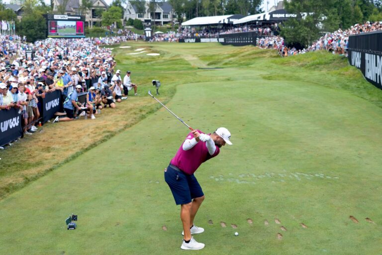 Captain Jon Rahm of Legion XIII hits his tee shot on the 11th hole during the second round of LIV Golf Indianapolis and LIV Golf’s Individual Championship competition at The Club at Chatham Hills on Saturday, August 16, 2025 in Westfield,