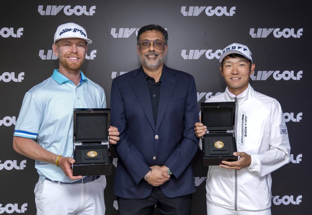 Scott Vincent of Zimbabwe, Rahul Singh – Head of The International Series and Yosuke Asaji of Japan pictured with the LIV Golf League coins at the 2025 PIF Saudi International powered by SoftBank Investment Advisers at Riyadh Golf Club.