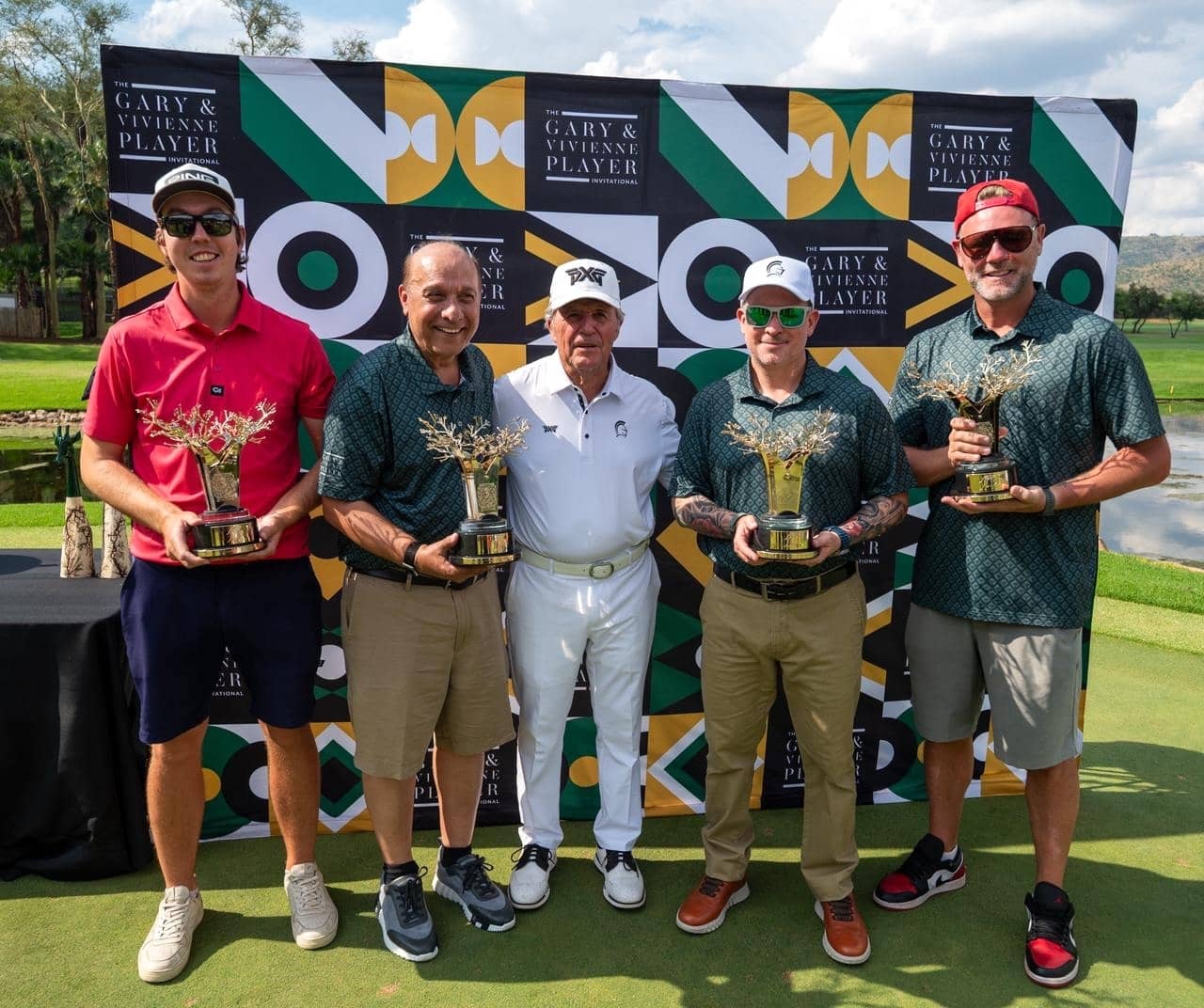 From left to right: Sunshine Tour professional Luke Brown, businessman Surinder Arora, Gary Player, businessman Darren Roos, and Irish musician Brian McFadden.