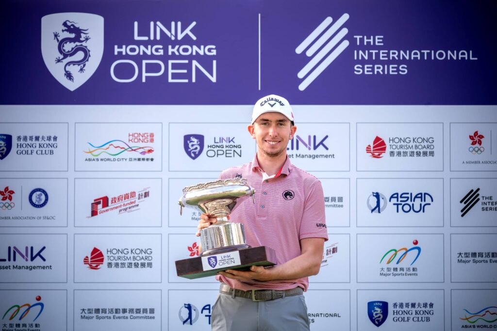 Tom McKibbin of Northern Ireland pictured during the trophy presentation for the 2025 Link Hong Kong Open at Hong Kong Golf Club.