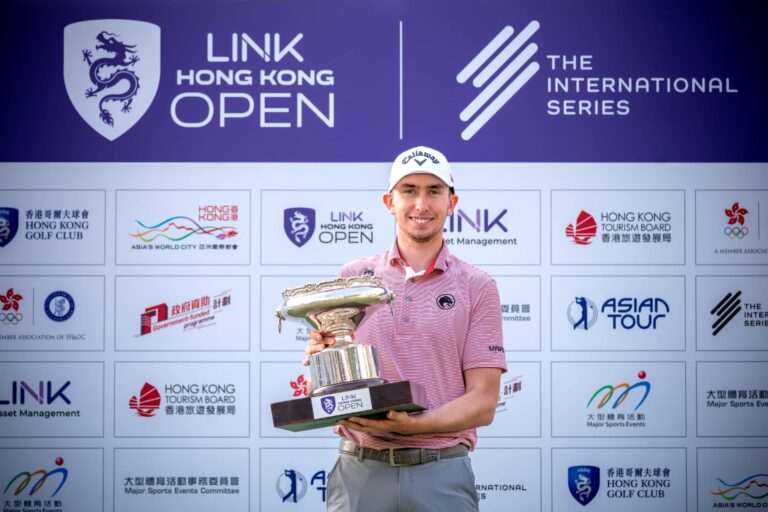 Tom McKibbin of Northern Ireland pictured during the trophy presentation for the 2025 Link Hong Kong Open at Hong Kong Golf Club.