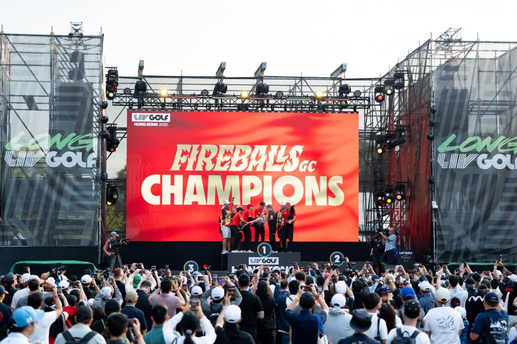 First place team champions, Abraham Ancer of Fireballs GC, Captain Sergio Garcia of Fireballs GC, David Puig of Fireballs GC, Luis Masaveu of Fireballs GC, caddie, Alvaro Alonso, caddie, Benji Thompson, caddie, Alberto Sanchez, caddie, Ramon Bescansa, celebrate at the trophy ceremony after the final round of LIV Golf Hong Kong at Hong Kong Golf Club