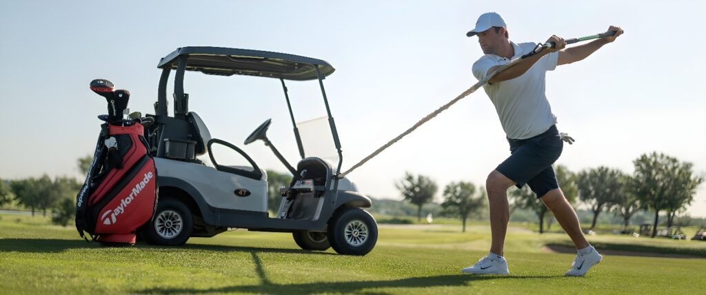 Scottie Scheffler warms up by golfcart