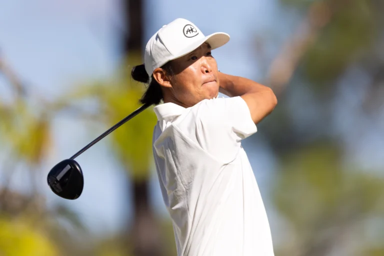 Anthony Kim hits his shot from the ninth tee during the second round of the LIV Golf Promotions