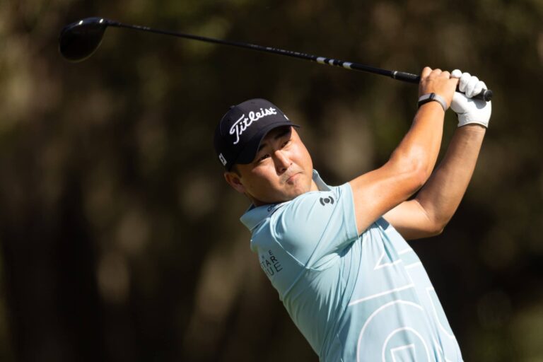 Richard T. Lee hits his shot from the 10th tee during the third round of the LIV Golf Promotions at Black Diamond Ranch.