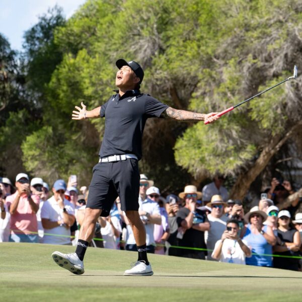 Anthony Kim of 4Aces GC reacts to his putt on the 18th green during the final round of the LIV Golf Adelaide at Grange Golf Club