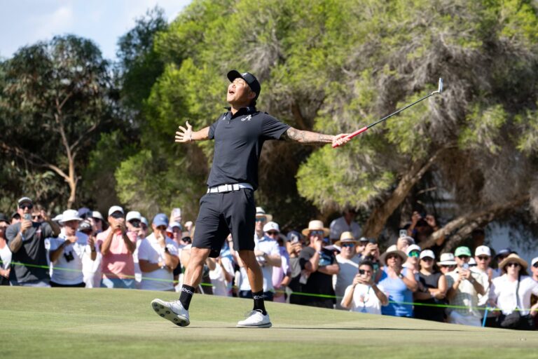 Anthony Kim of 4Aces GC reacts to his putt on the 18th green during the final round of the LIV Golf Adelaide at Grange Golf Club