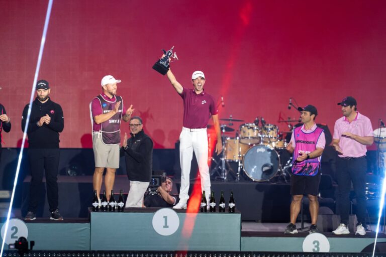 First place Individual Champion, Elvis Smylie of Ripper GC, celebrates on stage after the final round of the LIV Golf Riyadh at Riyadh Golf Club