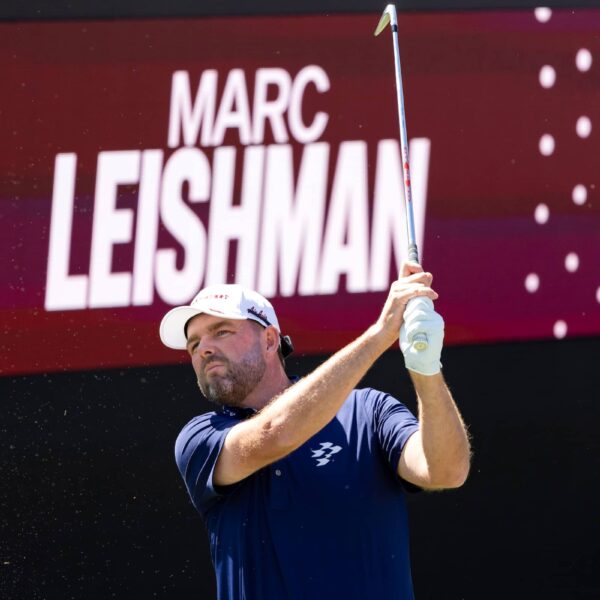 Marc Leishman of Ripper GC hits his shot from the 12th tee during the first round of the LIV Golf Adelaide at Grange Golf Club