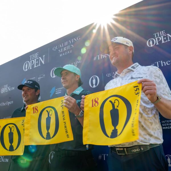 Patrick Reed, Carlos Ortiz, Jason Kokrak - pictured with The Open pin flags during the trophy presentation for the 2025 International Series Macau presented by Wynn at Macau Golf and Country Club.