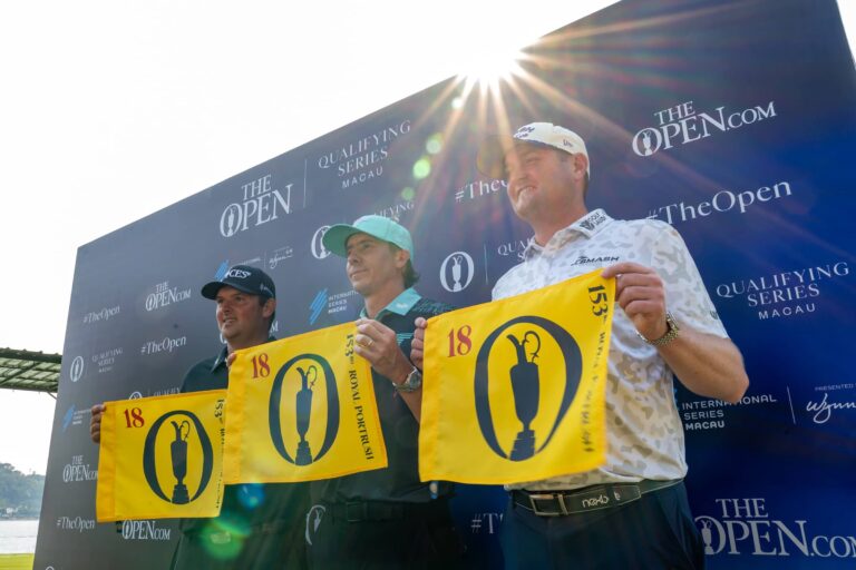 Patrick Reed, Carlos Ortiz, Jason Kokrak - pictured with The Open pin flags during the trophy presentation for the 2025 International Series Macau presented by Wynn at Macau Golf and Country Club.