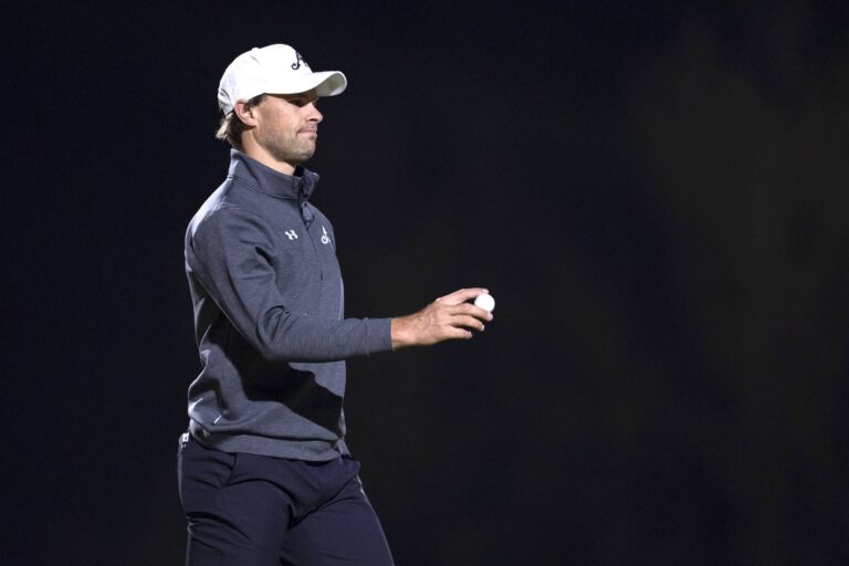 Thomas Detry of 4Aces GC looks on from the 8th green during the first round of the LIV Golf Riyadh