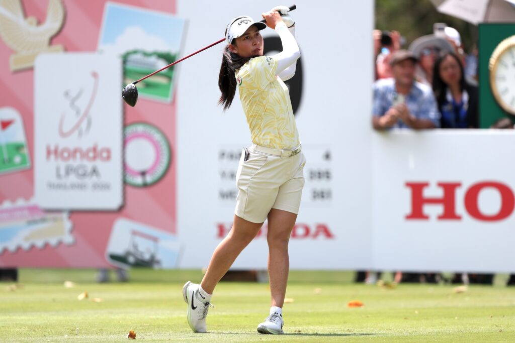 Jeeno Thitikul of Thailand hits her tee shot on the 9th hole during the final round of the Honda LPGA Thailand