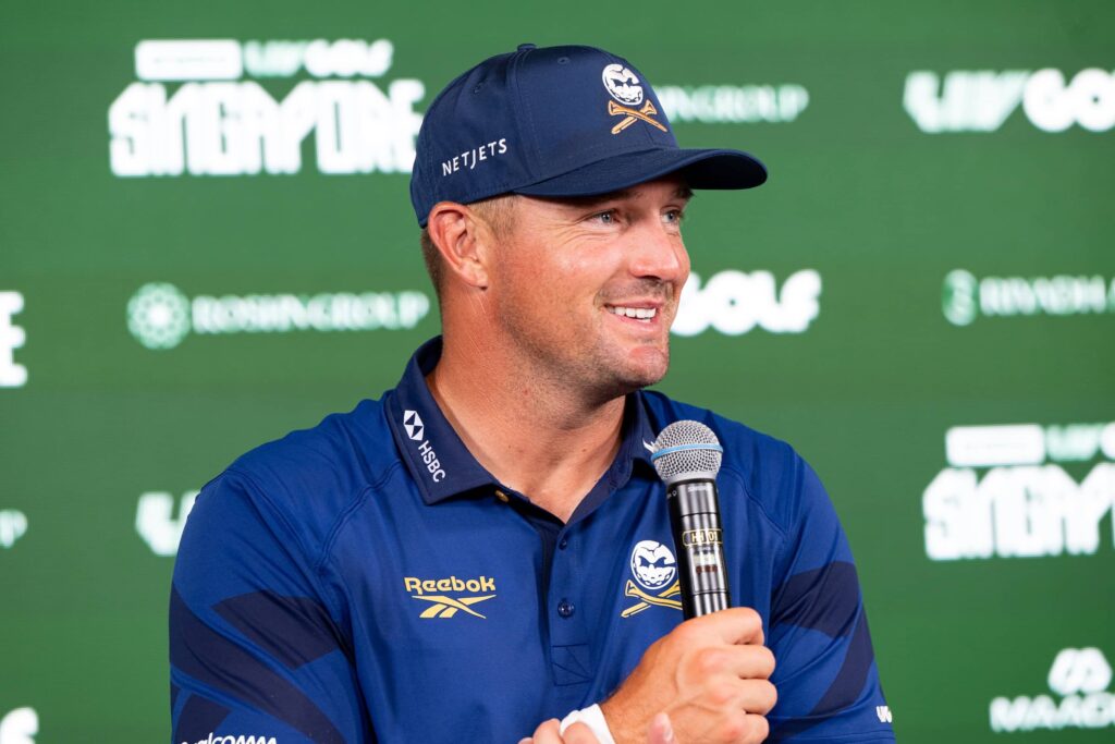 Captain Bryson DeChambeau of Crushers GC speaks at a press conference follwoing the second round of Aramco LIV Golf Singapore
