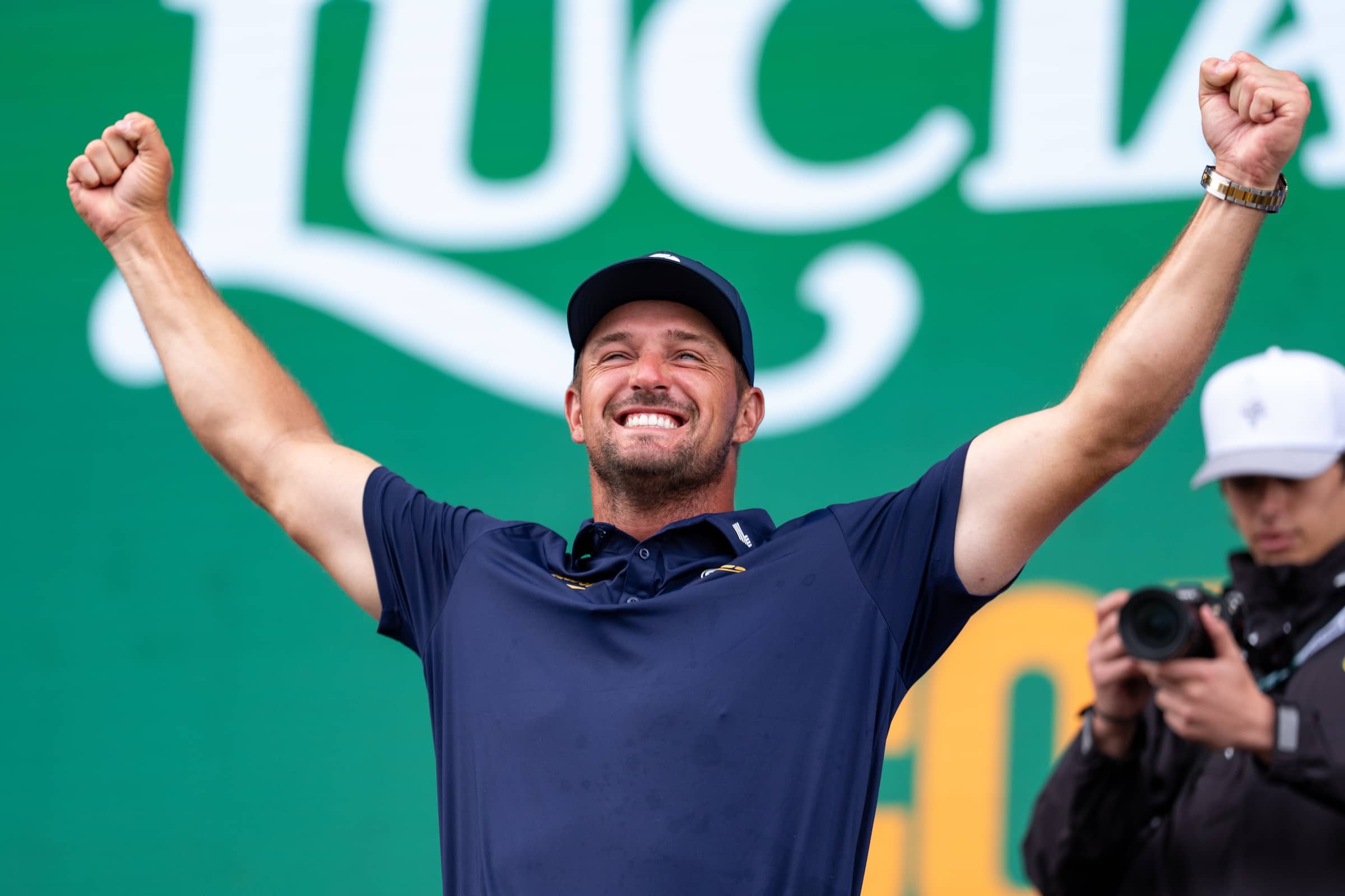 First place individual champion, Captain Bryson DeChambeau of Crushers GC celebrates during the trophy ceremony after the final round of LIV Golf South Africa