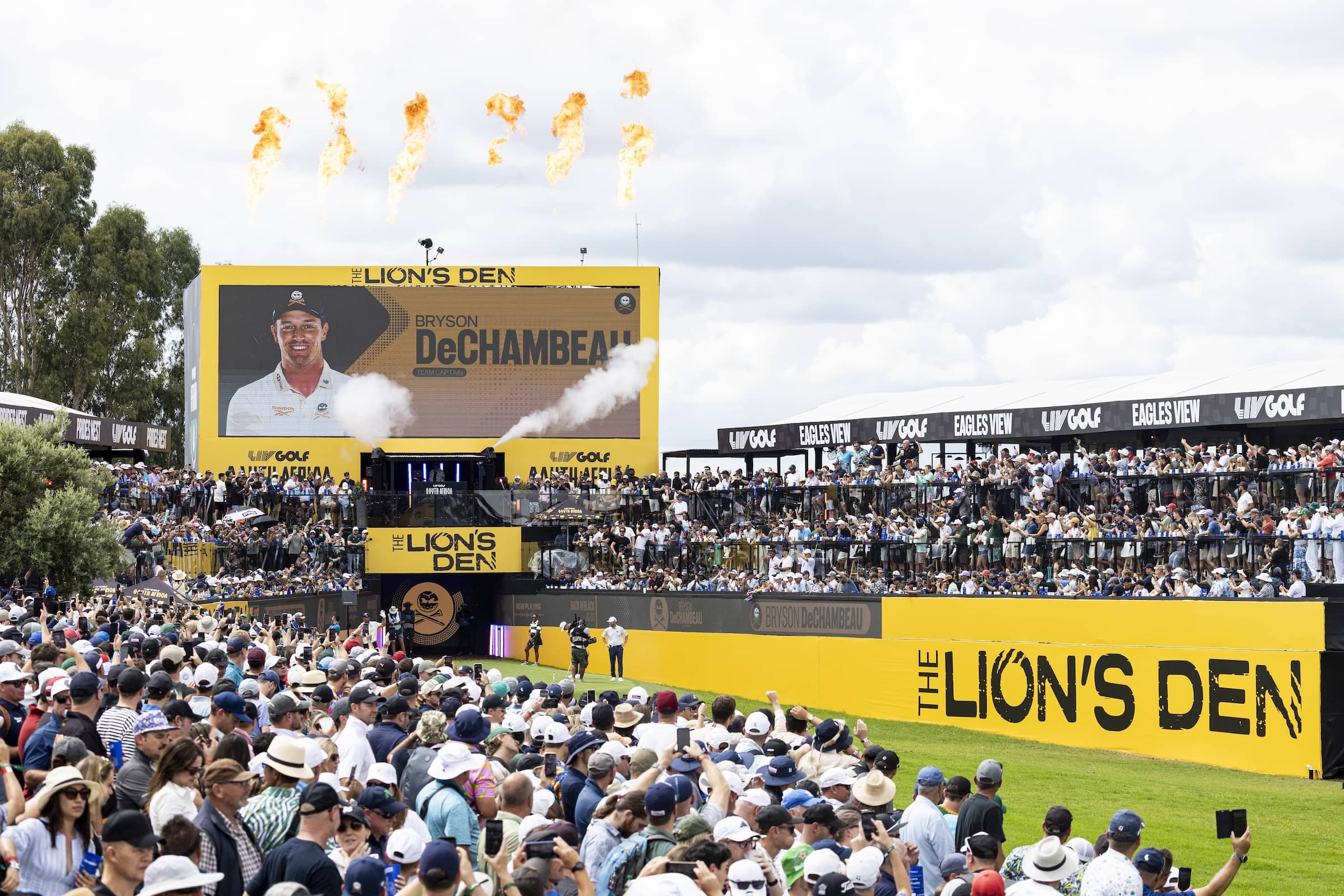 Captain Bryson DeChambeau of Crushers GC is introduced at the Lion’s Den at the 17th tee during the third round of LIV Golf South Africa at The Club at Steyn City