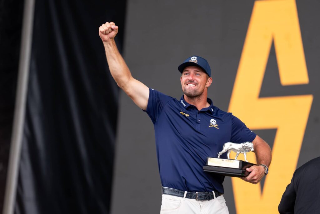 First place individual champion, Captain Bryson DeChambeau of Crushers GC celebrates during the trophy ceremony after the final round of LIV Golf South Africa