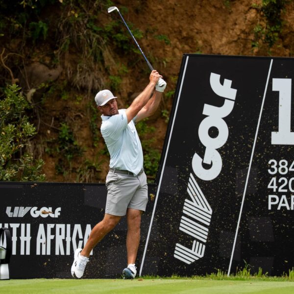Captain Bryson DeChambeau of Crushers GC hits his shot from the 11th tee during the practice round before the start of the LIV Golf South Africa at The Club at Steyn City