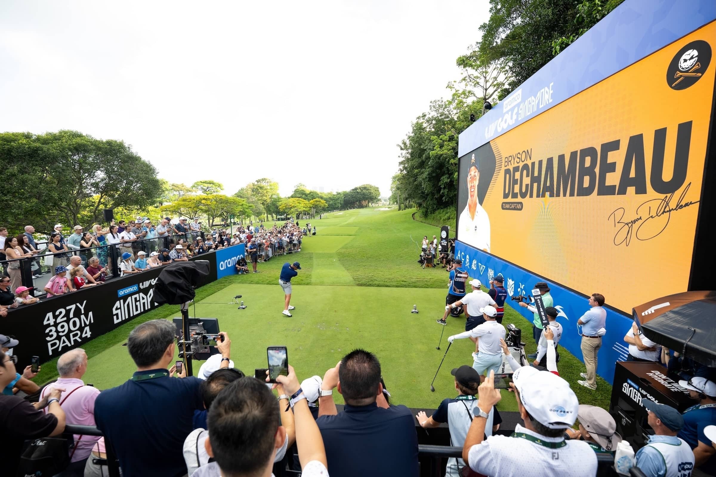 Captain Bryson DeChambeau of Crushers GC hits his shot from the first tee during the second round of Aramco LIV Golf Singapore