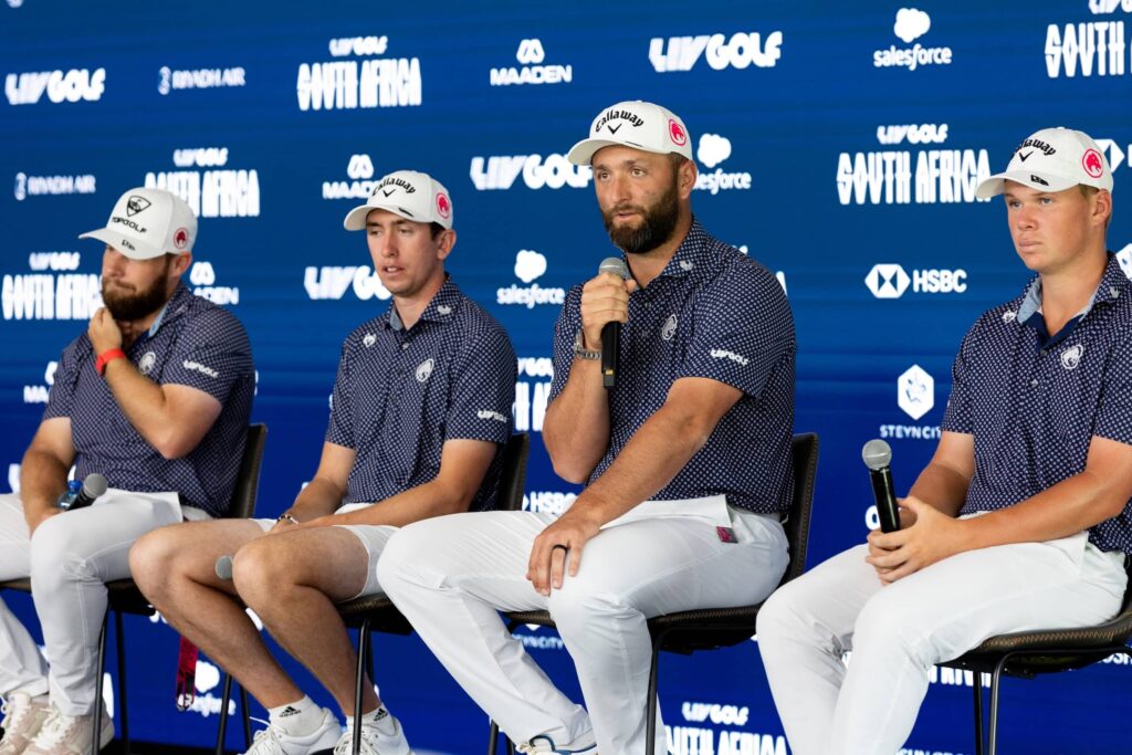 Captain Jon Rahm, Tyrrell Hatton, Tom McKibbin and Caleb Surratt of Legion XIII speak at a press conference during the practice round before the start of the LIV Golf South Africa at The Club at Steyn City 