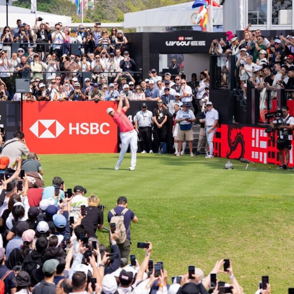 Captain Jon Rahm of Legion XIII hits his shot from the first tee during the third round of HSBC LIV Golf Hong Kong