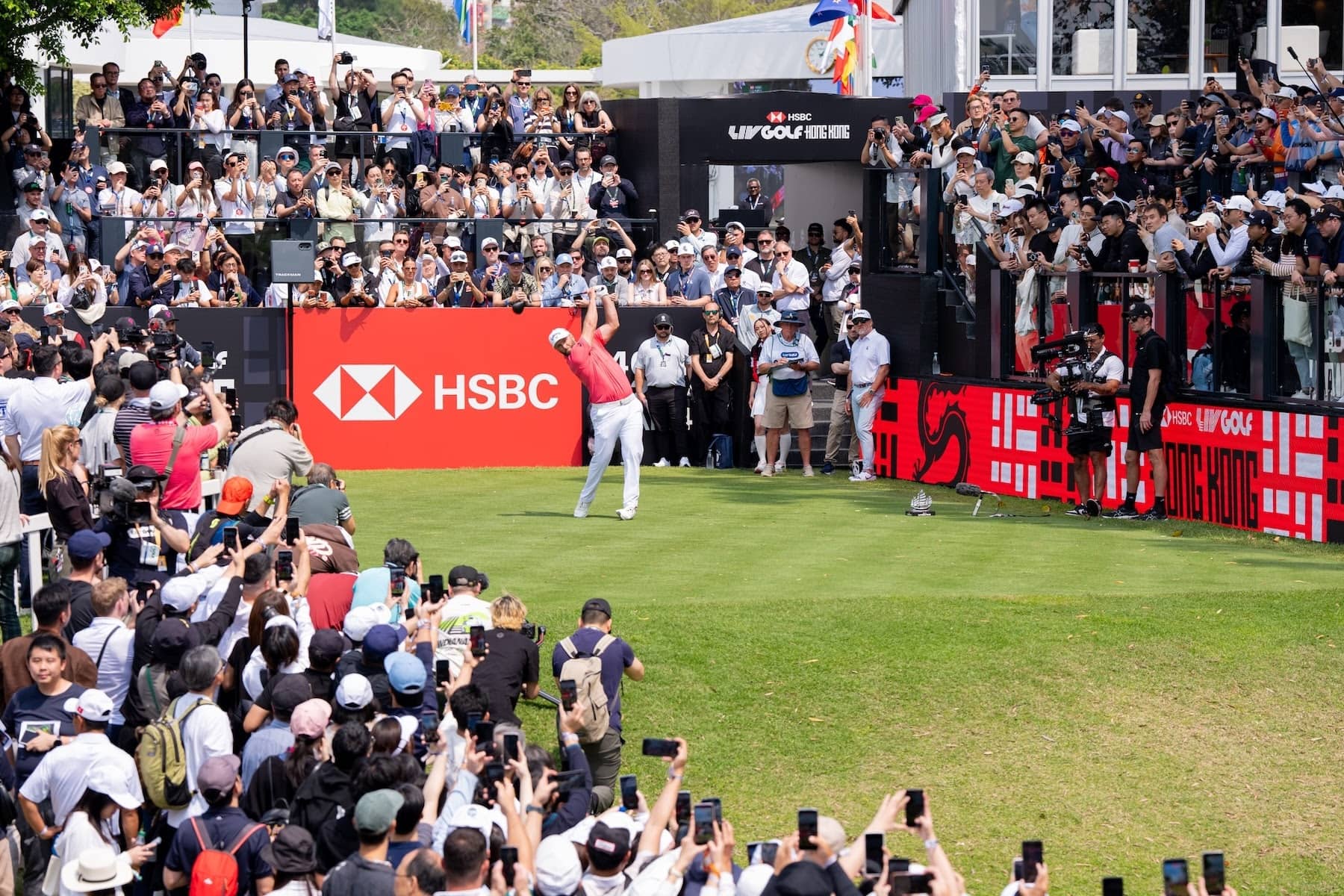 Captain Jon Rahm of Legion XIII hits his shot from the first tee during the third round of HSBC LIV Golf Hong Kong