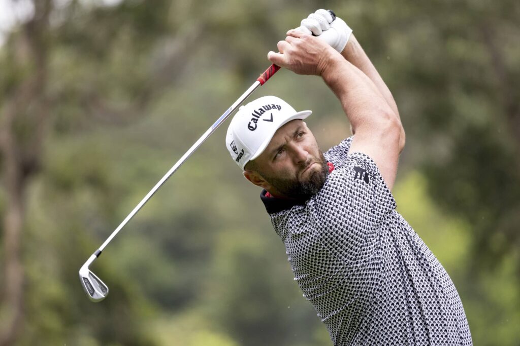 Captain Jon Rahm of Legion XIII hits his shot from the eighth fairway during the second round of HSBC LIV Golf Hong Kong at Hong Kong Golf Club