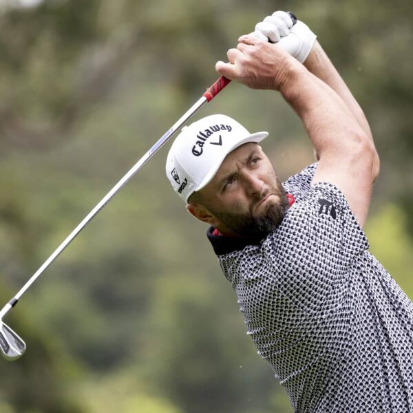 Captain Jon Rahm of Legion XIII hits his shot from the eighth fairway during the second round of HSBC LIV Golf Hong Kong at Hong Kong Golf Club